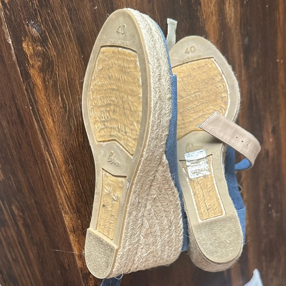 Castaner Blue Canvas Espadrille Wedge Sandals with Ankle Wrap